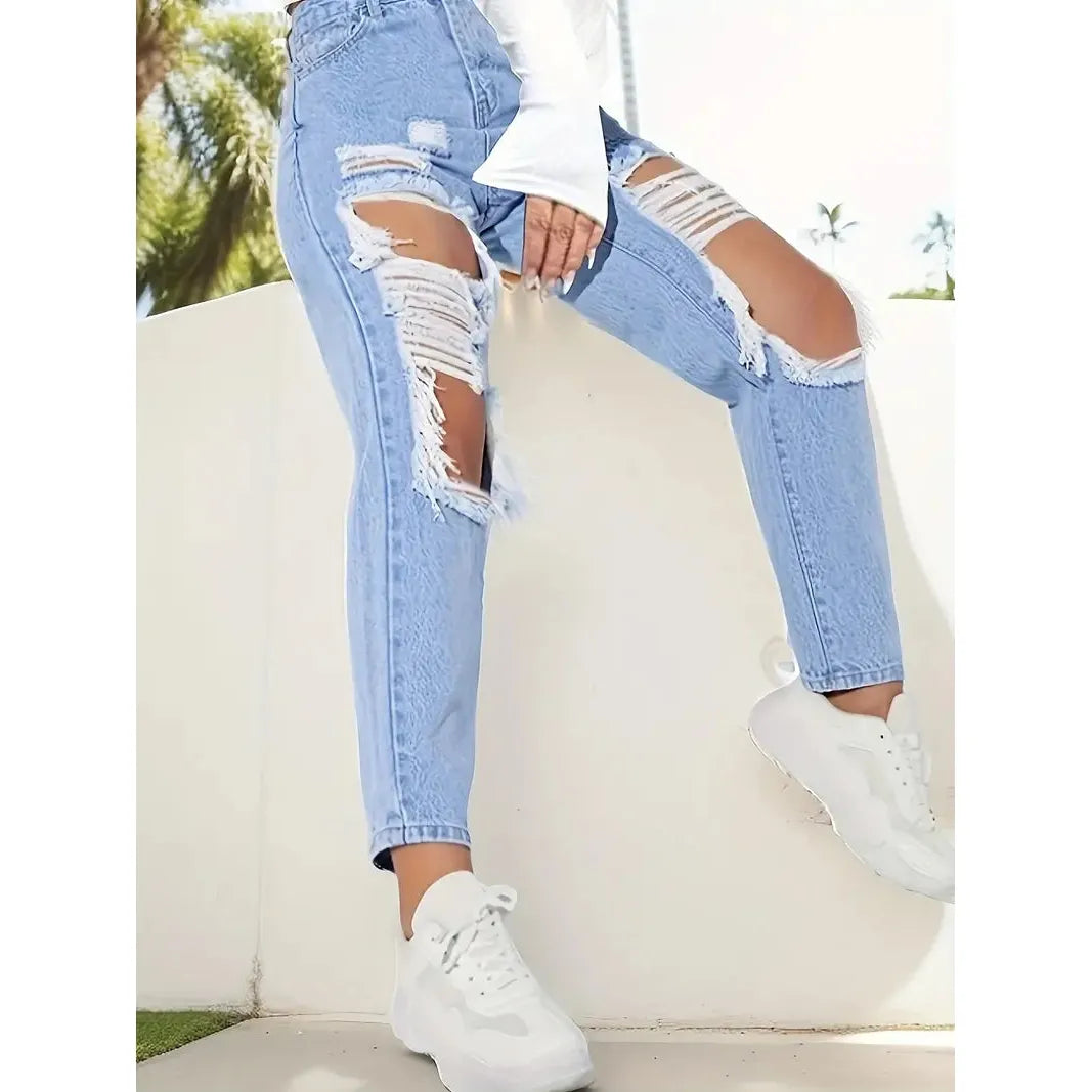 Knee Ripped Destroyed Straight Leg Jeans 
