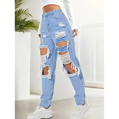 Knee Ripped Destroyed Straight Leg Jeans 