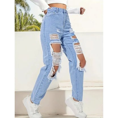 Knee Ripped Destroyed Straight Leg Jeans 