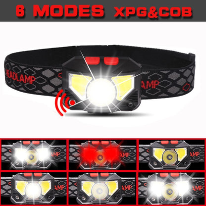 8 Modes Handfress Motion Sensor Powerful LED Headlamp Headlamp Head Lamp COB Flashlight Torch Head Light for Camping Fishing