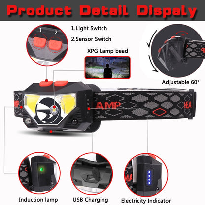 8 Modes Handfress Motion Sensor Powerful LED Headlamp Headlamp Head Lamp COB Flashlight Torch Head Light for Camping Fishing
