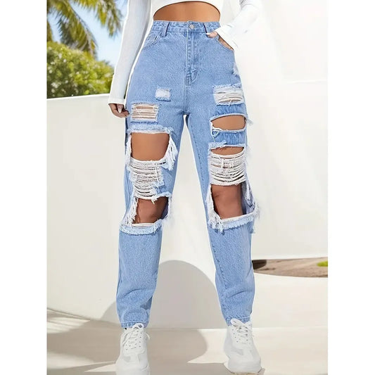 Knee Ripped Destroyed Straight Leg Jeans 