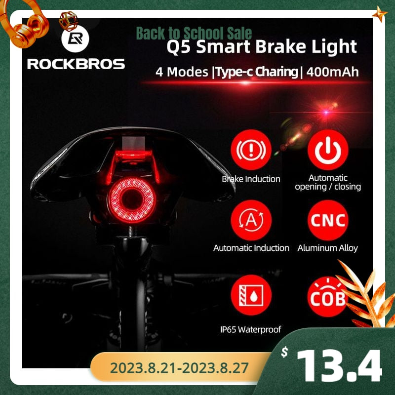 ROCKBROS bicicleta inteligente Auto freno detección luz IPx6 impermeable LED carga ciclismo luz trasera bicicleta luz trasera accesorios Q5