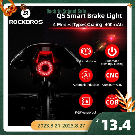 ROCKBROS bicicleta inteligente Auto freno detección luz IPx6 impermeable LED carga ciclismo luz trasera bicicleta luz trasera accesorios Q5
